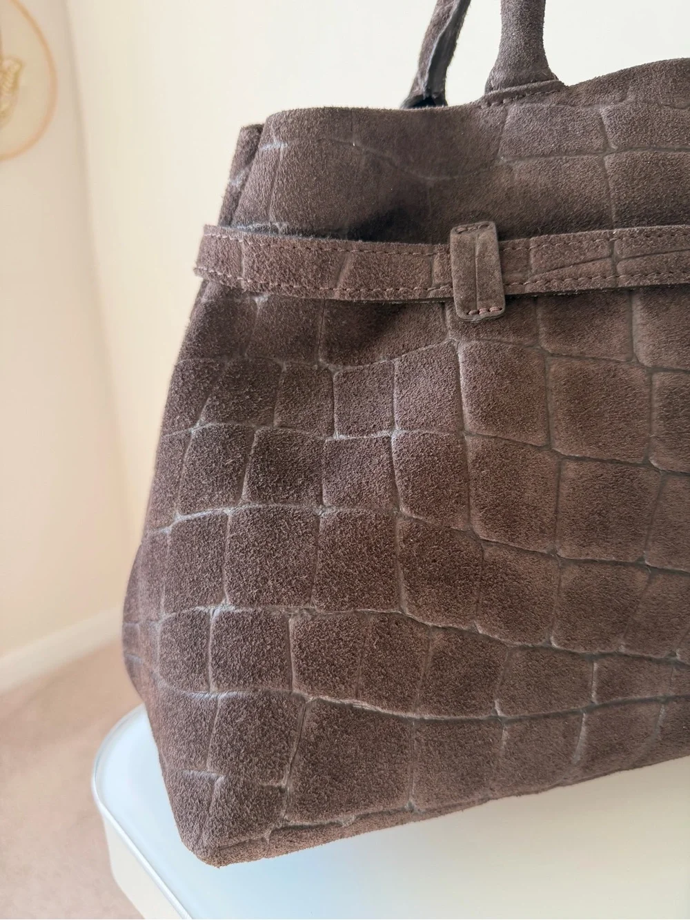 Dark Brown Suede crocodile embossed satchel Bag with gold Buckle and strap